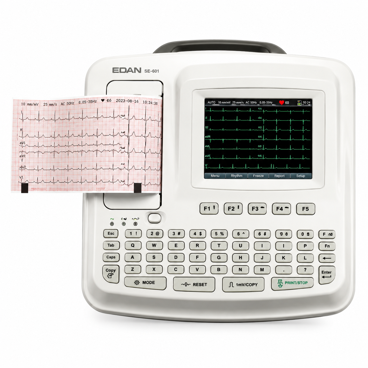 EDAN SE-601B 6-channel portable electrocardiograph with 5.7-inch color LCD, simultaneous 12-lead acquisition and built-in thermal printer for routine clinical ECG