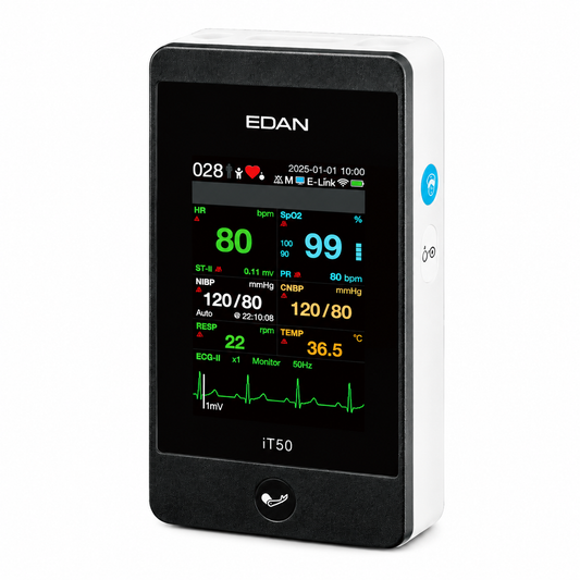 EDAN iT50 wearable telemetry monitor with 3.5-inch touchscreen, built-in NIBP and CNBP, IP44 rating and up to 72-hour battery for ambulatory monitoring