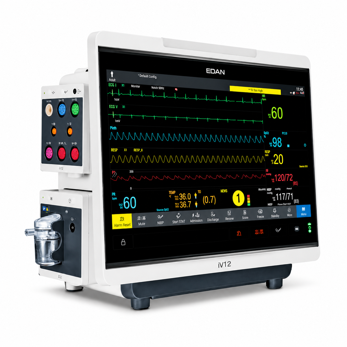 EDAN iV12 13.3-inch anti-glare HD modular patient monitor with plug-and-play parameter modules, clinical scoring and HL7 connectivity for ICU and operating rooms
