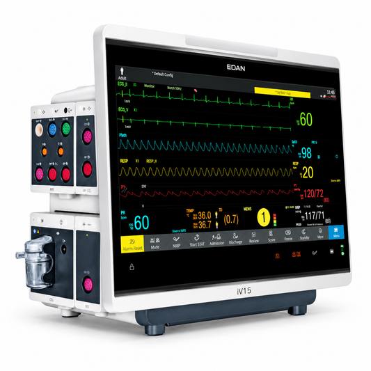 EDAN iV15 15.6-inch Full HD modular patient monitor with detachable transport display, XM5 parameter modules and clinical assistive scoring for ICU and operating rooms
