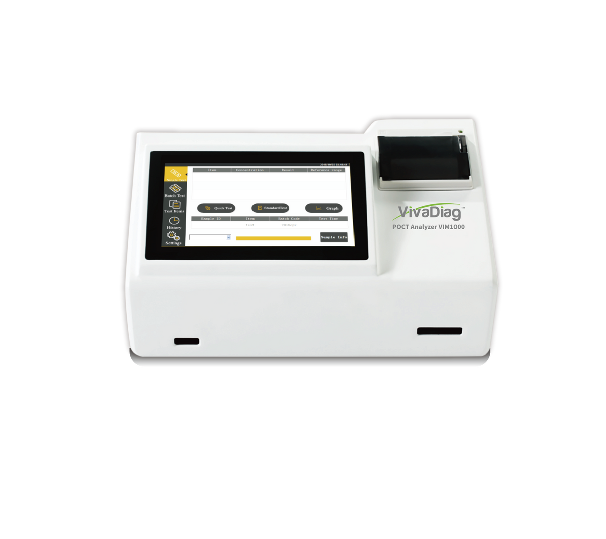 Global Healthcare Medical GHM VIM1000 US FIA Analyzer - Professional fluorescence immunochromatography analyzer with 7-inch LCD touchscreen, 30+ parameter detection via code chip scanning, integrated thermal printer, 50,000-result memory, and RS232/USB/COM connectivity for point-of-care and clinical diagnostic testing