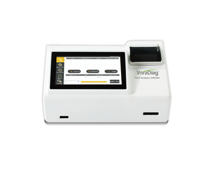 Global Healthcare Medical GHM VIM1000 US FIA Analyzer - Professional fluorescence immunochromatography analyzer with 7-inch LCD touchscreen, 30+ parameter detection via code chip scanning, integrated thermal printer, 50,000-result memory, and RS232/USB/COM connectivity for point-of-care and clinical diagnostic testing