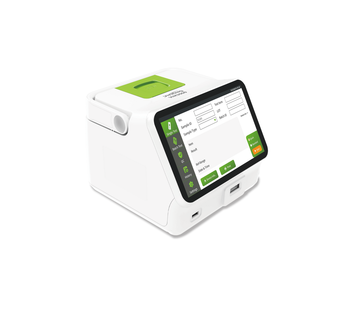 Global Healthcare Medical GHM VIM3000 US FIA Analyzer - Professional fluorescence immunochromatography analyzer with 7-inch LCD touchscreen, batch testing capability, 30+ parameter detection via QR code scanning, integrated thermal printer, and RJ-45 network connectivity for point-of-care and clinical diagnostic testing