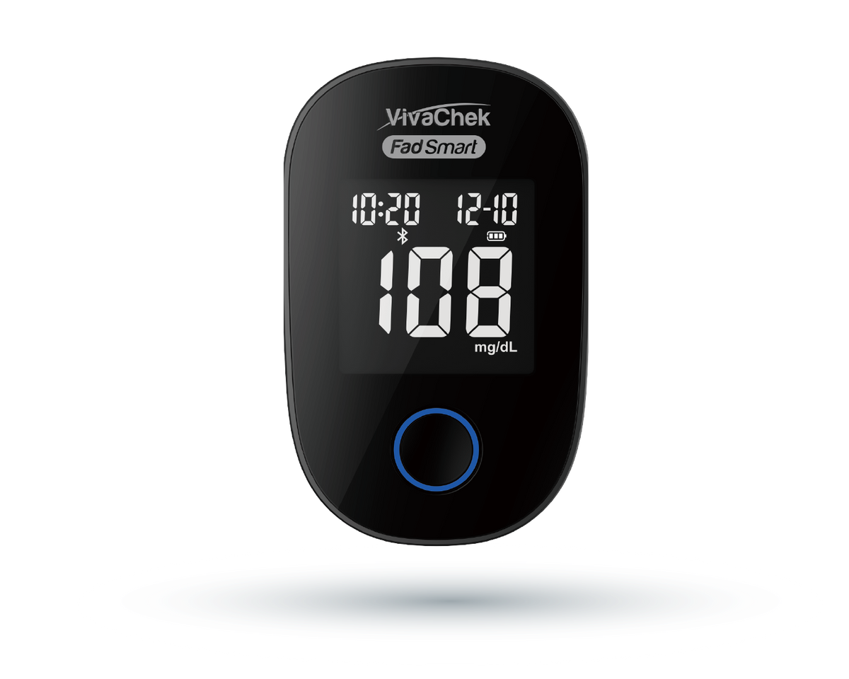 Global Healthcare Medical GHM Fad Smart US blood glucose monitoring system - Bluetooth-enabled rechargeable blood glucose meter with 5-second test time, 10-600 mg/dL range, 500-result memory, ketone warning, and Guard app connectivity for home glucose monitoring