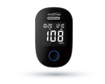 Global Healthcare Medical GHM Fad Smart US blood glucose monitoring system - Bluetooth-enabled rechargeable blood glucose meter with 5-second test time, 10-600 mg/dL range, 500-result memory, ketone warning, and Guard app connectivity for home glucose monitoring