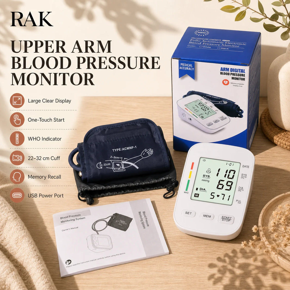 数字血压计 电子血压计 3mmHg 精度 2x99 用户记忆单元 LCD 显示屏 可拆卸电池 CE 认证