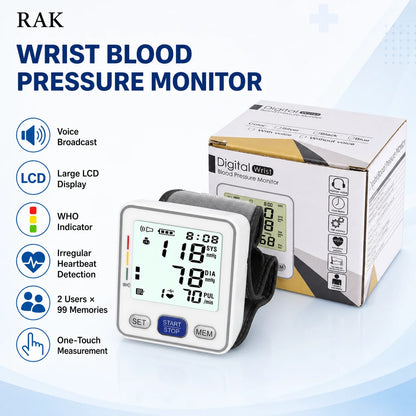 RAK 电动腕式血压计数字自动血压仪语音大液晶显示屏2用户99个记忆点不规则心跳记录