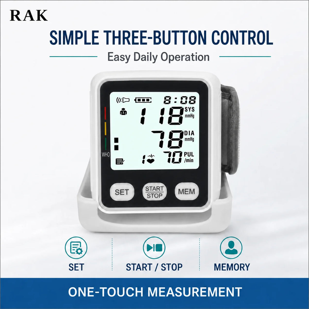 RAK188 电动自动腕式血压计 大型液晶数字血压计 带指示器记忆功能 适合家庭旅行使用