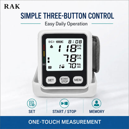 RAK188 电动自动腕式血压计 大型液晶数字血压计 带指示器记忆功能 适合家庭旅行使用