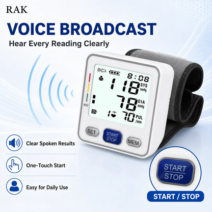 RAK 电动腕式血压计数字自动血压仪语音大液晶显示屏2用户99个记忆点不规则心跳记录