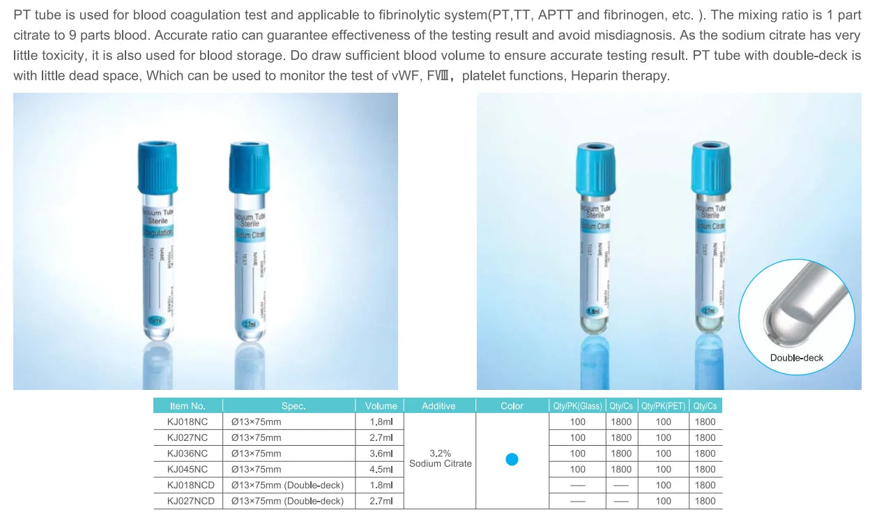 Blue Top Vacuum Blood Collection Tube 3.2% Sodium Citrate (Double Deck) PT Tube #