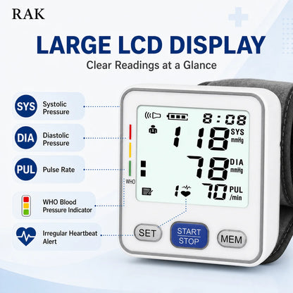 RAK 电动腕式血压计数字自动血压仪语音大液晶显示屏2用户99个记忆点不规则心跳记录