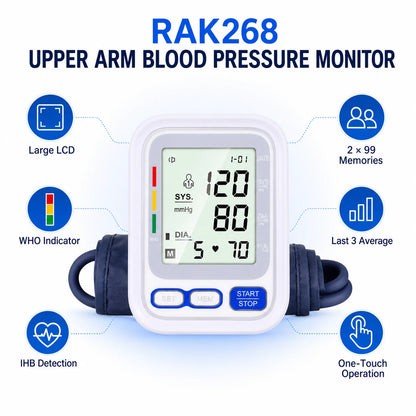 RAK 268L 便携式手臂式血压计 LCD 显示屏 USB/电池供电 CE 认证 II 级医疗设备