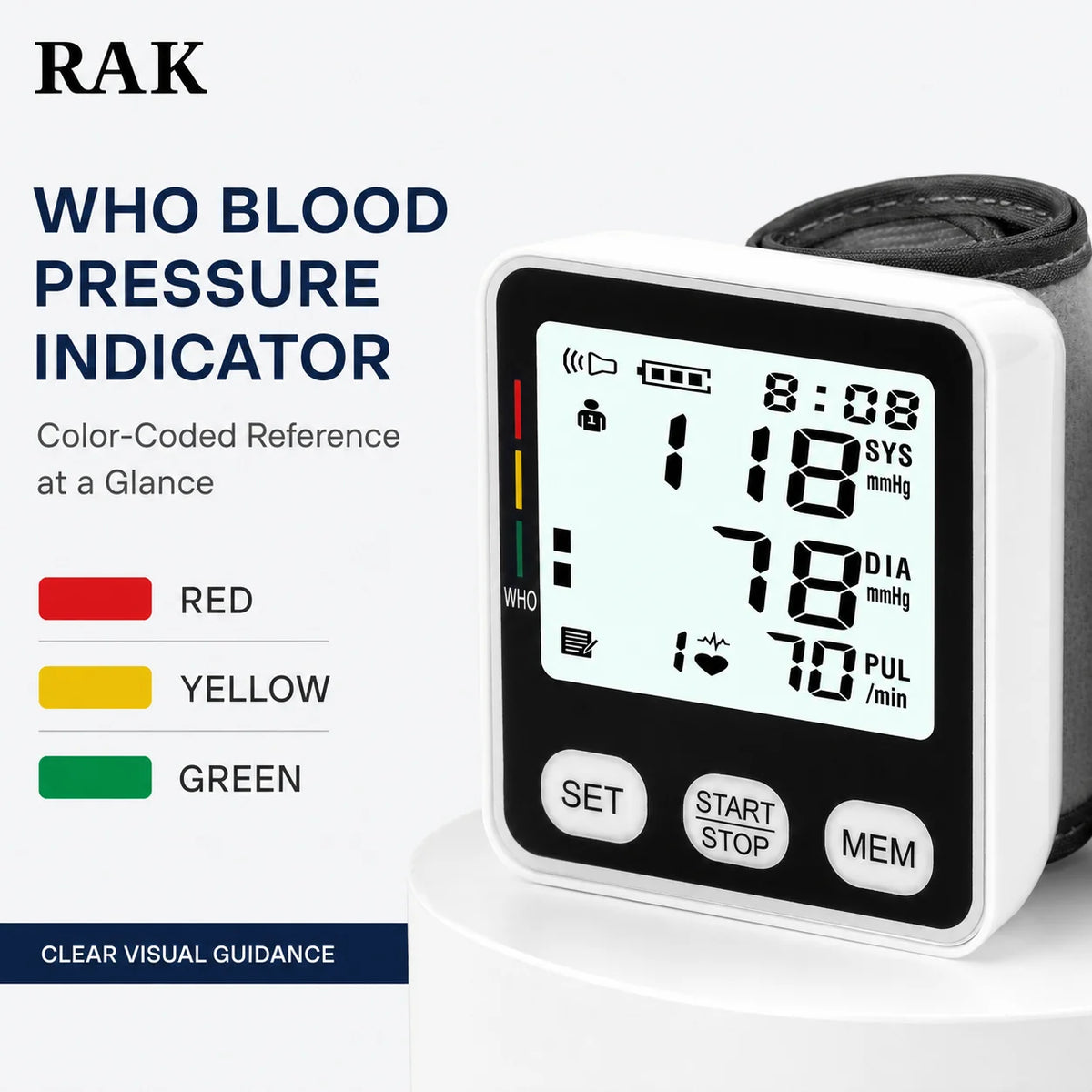 RAK188 电动血压计 心率监测器 脉搏追踪 LCD显示屏 可拆卸电池 CE认证 白色/黑色
