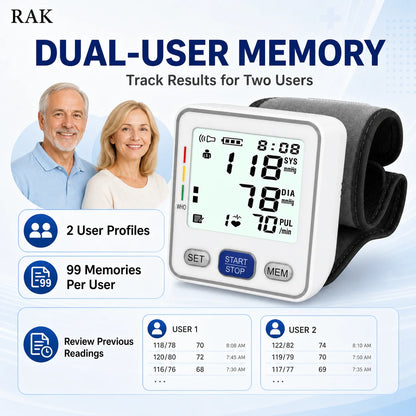 RAK 电动腕式血压计数字自动血压仪语音大液晶显示屏2用户99个记忆点不规则心跳记录