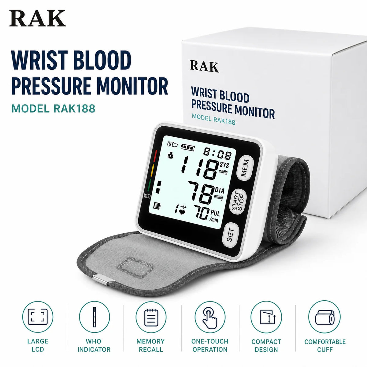RAK188 电动自动腕式血压计 大型液晶数字血压计 带指示器记忆功能 适合家庭旅行使用