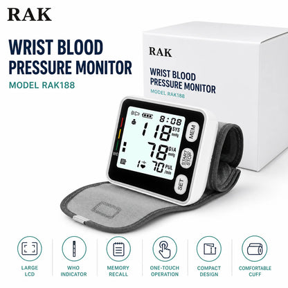 RAK188 电动自动腕式血压计 大型液晶数字血压计 带指示器记忆功能 适合家庭旅行使用