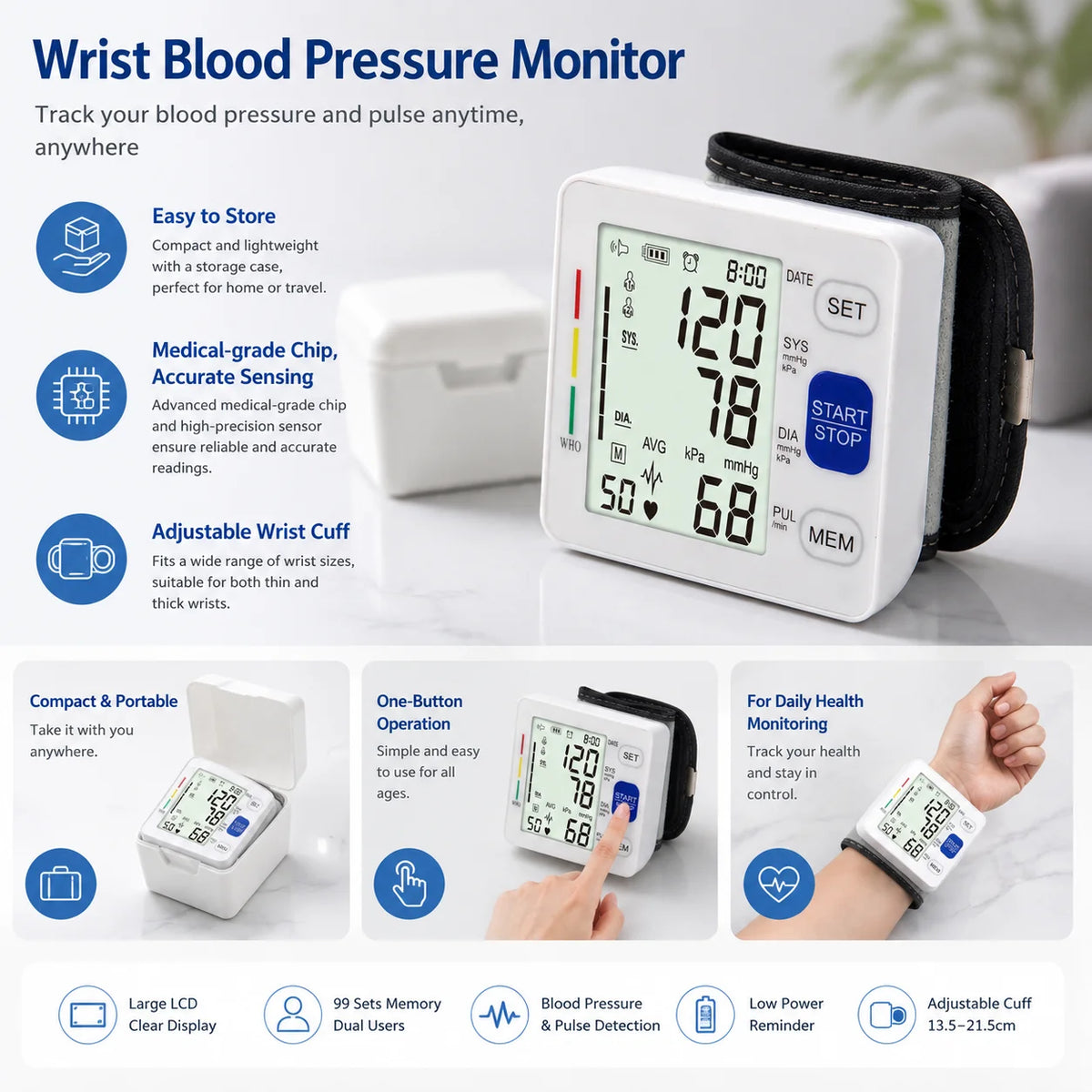 一键式电动数字自动腕式血压计 LCD 显示屏 CE 认证 3mmHg 精度 便携式 可充电