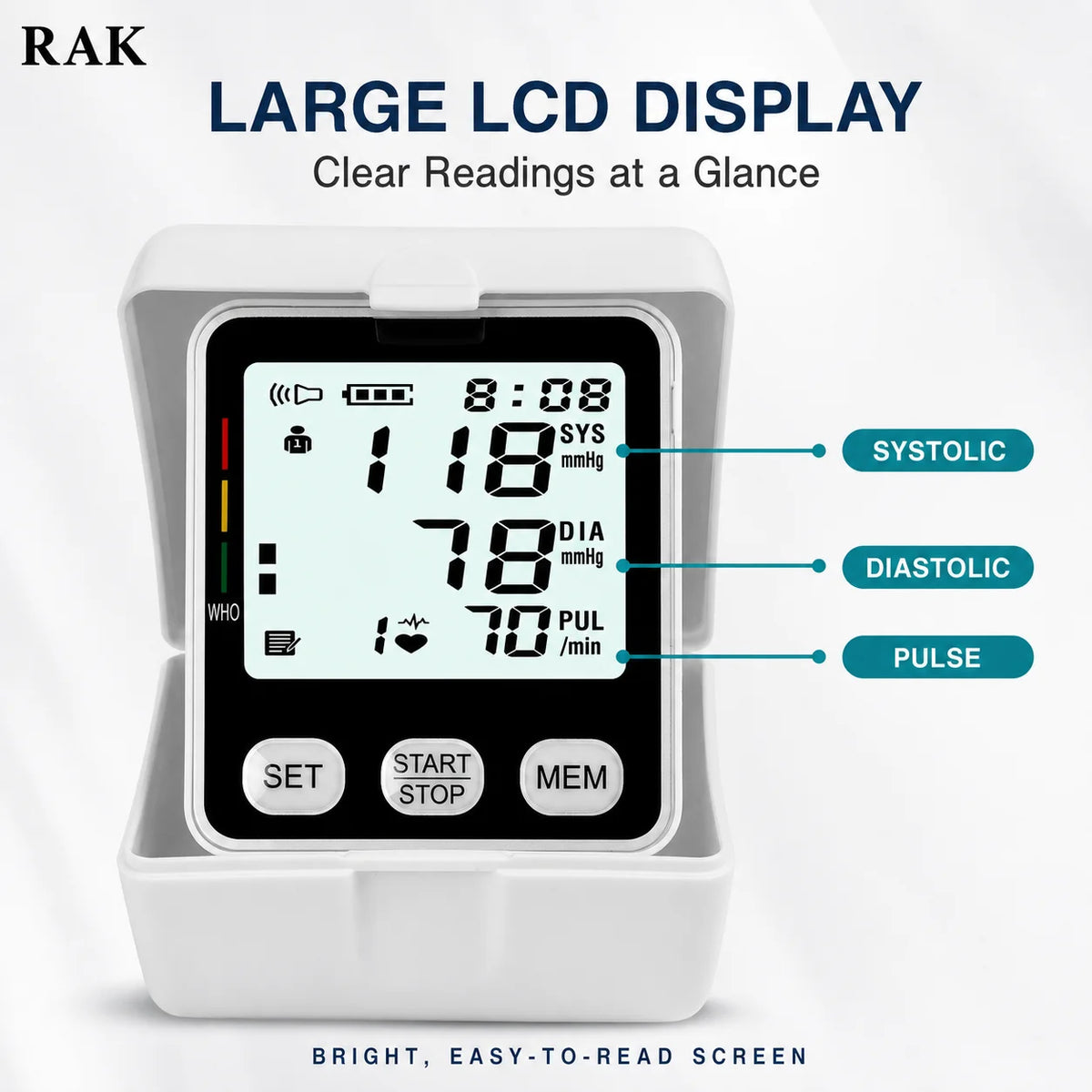 RAK188 电动血压计 心率监测器 脉搏追踪 LCD显示屏 可拆卸电池 CE认证 白色/黑色