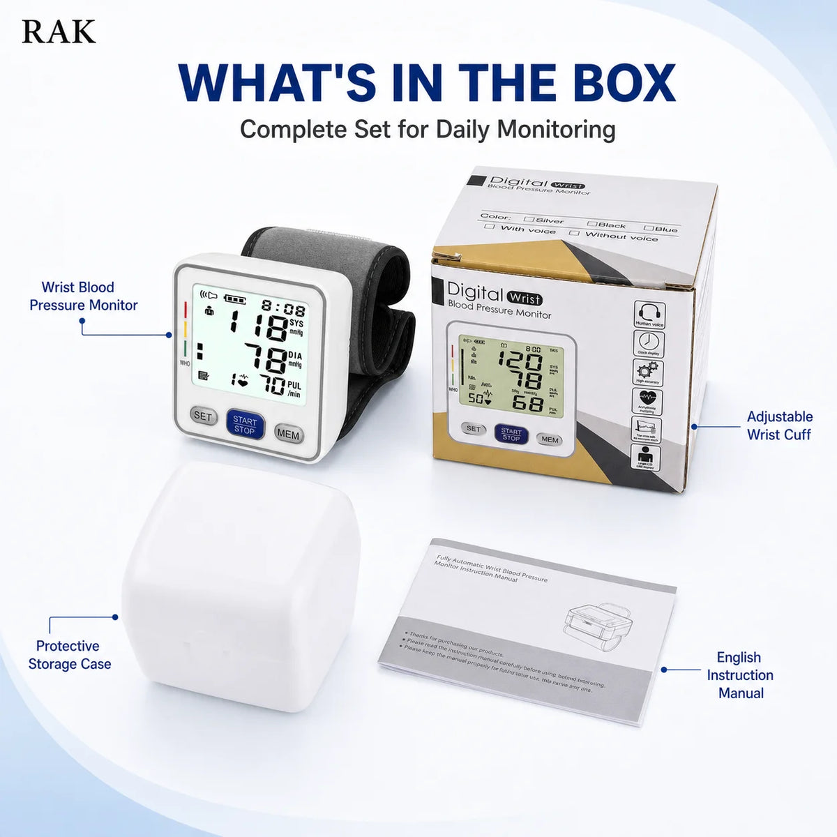 RAK 电动腕式血压计数字自动血压仪语音大液晶显示屏2用户99个记忆点不规则心跳记录