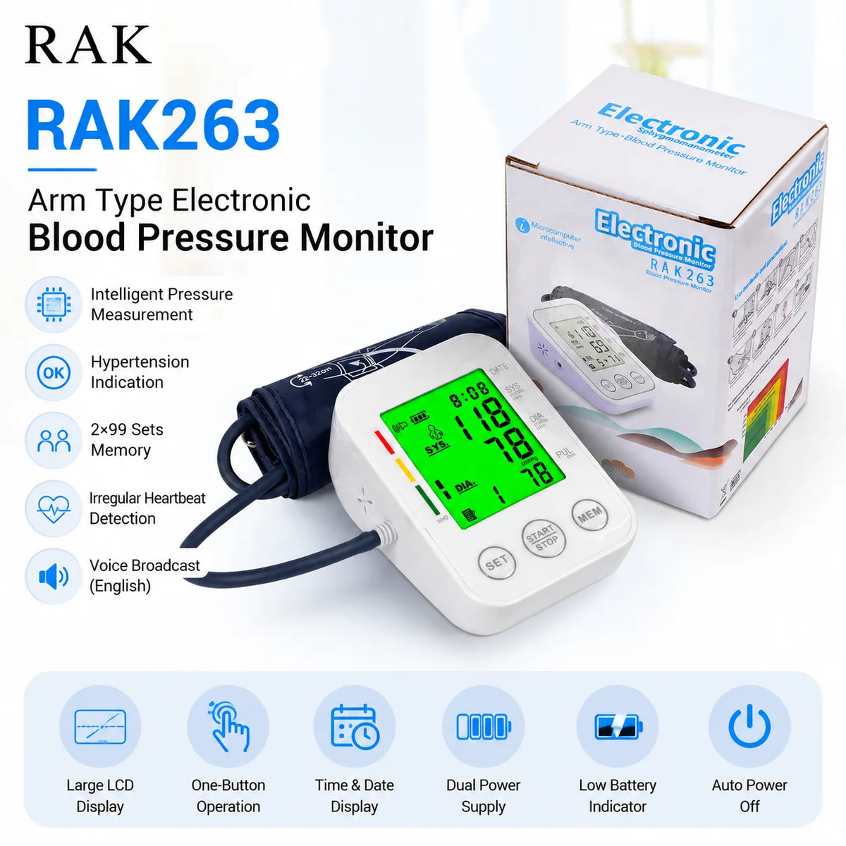 RAK263 电动式血压计，带腕带和脉搏追踪功能，经 CE 认证，数字式血压计