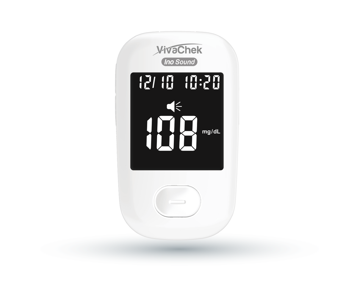 Global Healthcare Medical GHM Ino Sound US blood glucose monitoring system - Bluetooth-enabled blood glucose meter with 5-second test time, 20-600 mg/dL range, 1,000-result memory, and Guard app connectivity for home glucose monitoring