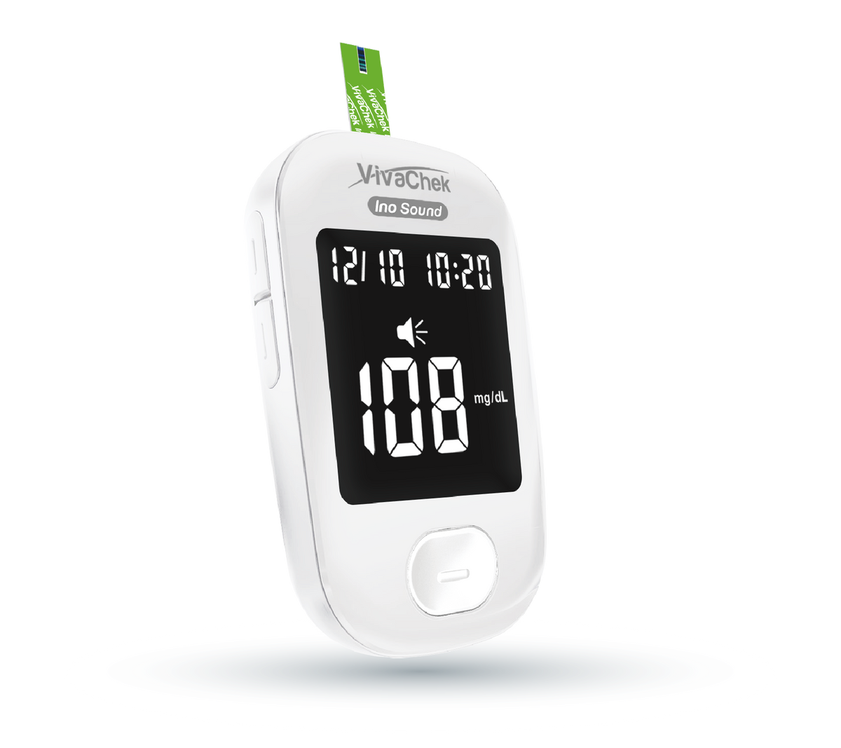 Global Healthcare Medical GHM Ino Sound US blood glucose monitoring system - Bluetooth-enabled blood glucose meter with 5-second test time, 20-600 mg/dL range, 1,000-result memory, and Guard app connectivity for home glucose monitoring
