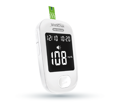 Global Healthcare Medical GHM Ino Sound US blood glucose monitoring system - Bluetooth-enabled blood glucose meter with 5-second test time, 20-600 mg/dL range, 1,000-result memory, and Guard app connectivity for home glucose monitoring