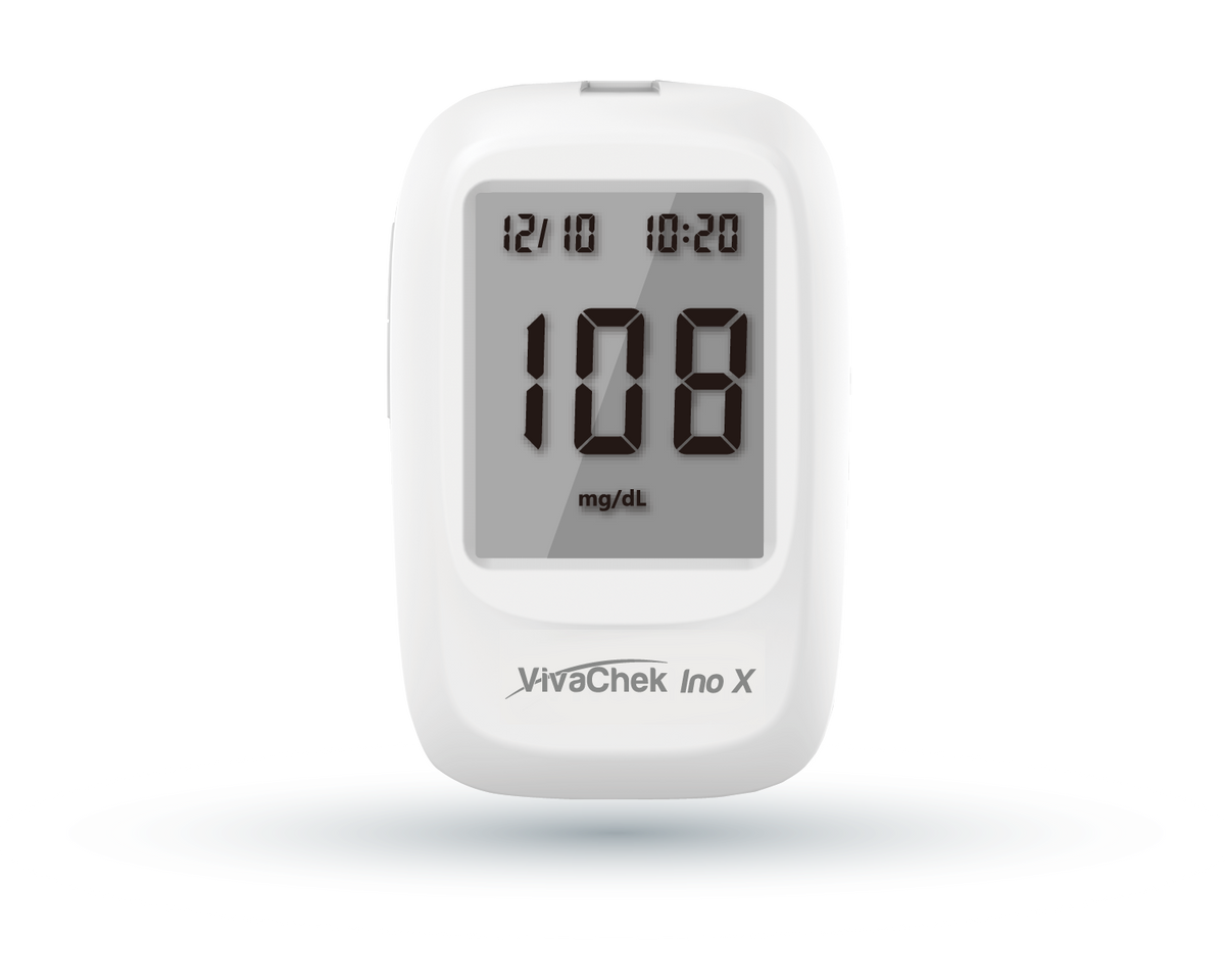 Global Healthcare Medical GHM Ino X US blood glucose monitoring system - Bluetooth-enabled blood glucose meter with 5-second test time, 20-600 mg/dL range, 1,000-result memory, large 47 mm × 37 mm display, and VivaGuard app connectivity for home glucose monitoring