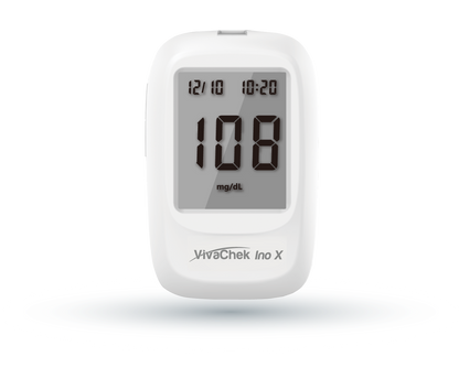 Global Healthcare Medical GHM Ino X US blood glucose monitoring system - Bluetooth-enabled blood glucose meter with 5-second test time, 20-600 mg/dL range, 1,000-result memory, large 47 mm × 37 mm display, and VivaGuard app connectivity for home glucose monitoring