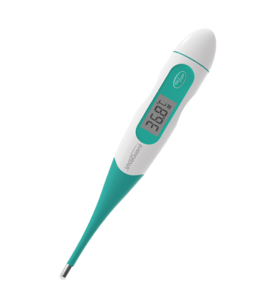 Global Healthcare Medical GHM KFT-03 US digital thermometer with flexible tip, 1-minute oral/rectal and 5-minute axillary measurement, 32.0–42.9°C range, ±0.1°C accuracy, jumbo LCD display, °F/°C switchable, and 1-reading memory for professional and home temperature measurement