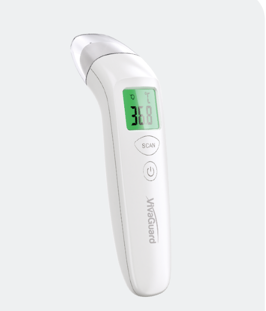 Global Healthcare Medical GHM KFT-22 US infrared forehead thermometer with non-contact 1-second measurement, dual body/object mode, body range 32.0–42.9°C, ±0.2°C body accuracy, IP22 waterproof rating, jumbo LCD with backlight, fever alarm, and 20-reading memory for professional and home temperature measurement