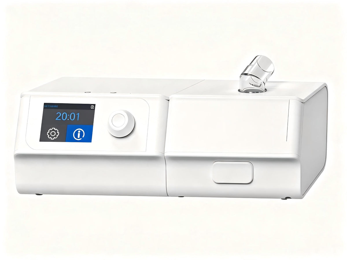 Auto-adjusting CPAP machine with front display and integrated humidifier