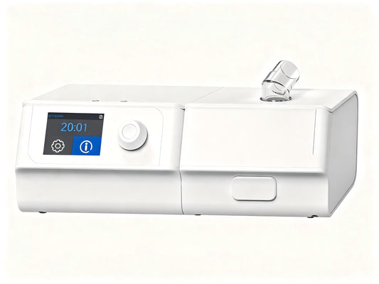 Auto-adjusting CPAP machine with front display and integrated humidifier