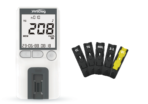 Global Healthcare Medical GHM Lipid US Lipid Testing System - portable hand-held analyzer for quantitative determination of total cholesterol, HDL, triglycerides, LDL and TC/HDL ratio in capillary or venous whole blood, serum, or plasma with 2-minute test time, small sample volume, and 200-record memory for lipid disorder management