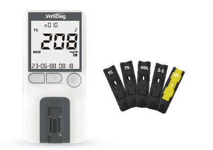 Global Healthcare Medical GHM Lipid US Lipid Testing System - portable hand-held analyzer for quantitative determination of total cholesterol, HDL, triglycerides, LDL and TC/HDL ratio in capillary or venous whole blood, serum, or plasma with 2-minute test time, small sample volume, and 200-record memory for lipid disorder management