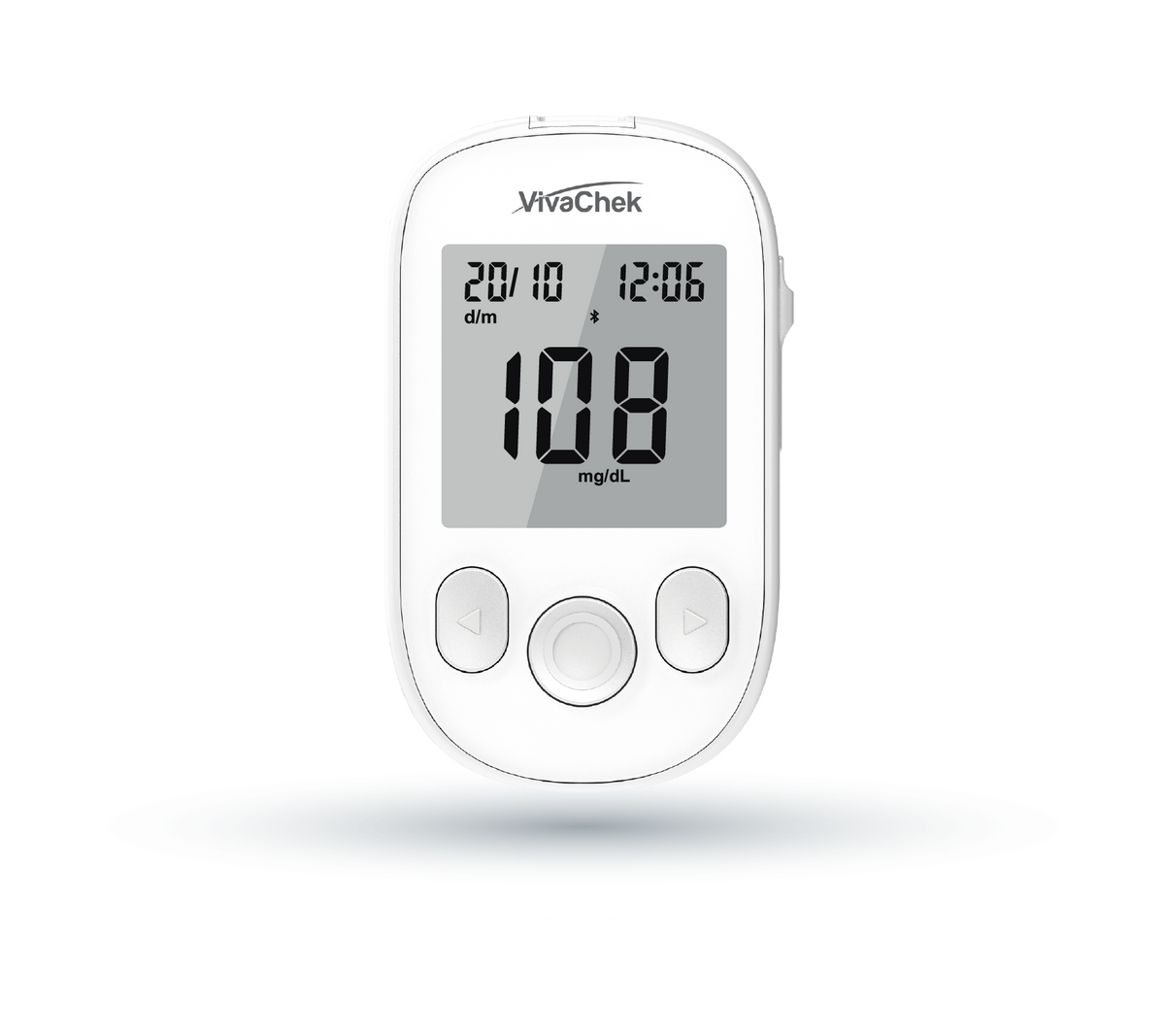 Global Healthcare Medical GHM Neo US blood glucose monitoring system - compact Bluetooth-enabled blood glucose meter with 5-second test time, 0.5 µL sample, 10-600 mg/dL range, 500-result memory, and VivaGuard app connectivity for home glucose monitoring