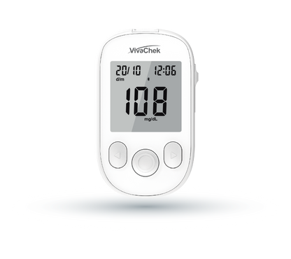 Global Healthcare Medical GHM Neo US blood glucose monitoring system - compact Bluetooth-enabled blood glucose meter with 5-second test time, 0.5 µL sample, 10-600 mg/dL range, 500-result memory, and VivaGuard app connectivity for home glucose monitoring