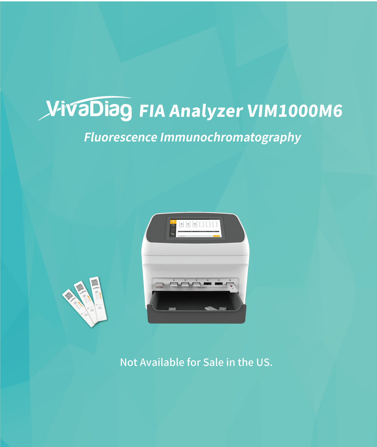 Global Healthcare Medical GHM VIM1000M6 US POCT Analyzer - Professional fluorescence immunochromatography analyzer with 7-inch LCD touchscreen, 30+ parameter detection via barcode identification, integrated thermal printer, 50,000-result memory, batch testing capability, and RS232/USB/COM connectivity for point-of-care and clinical diagnostic testing