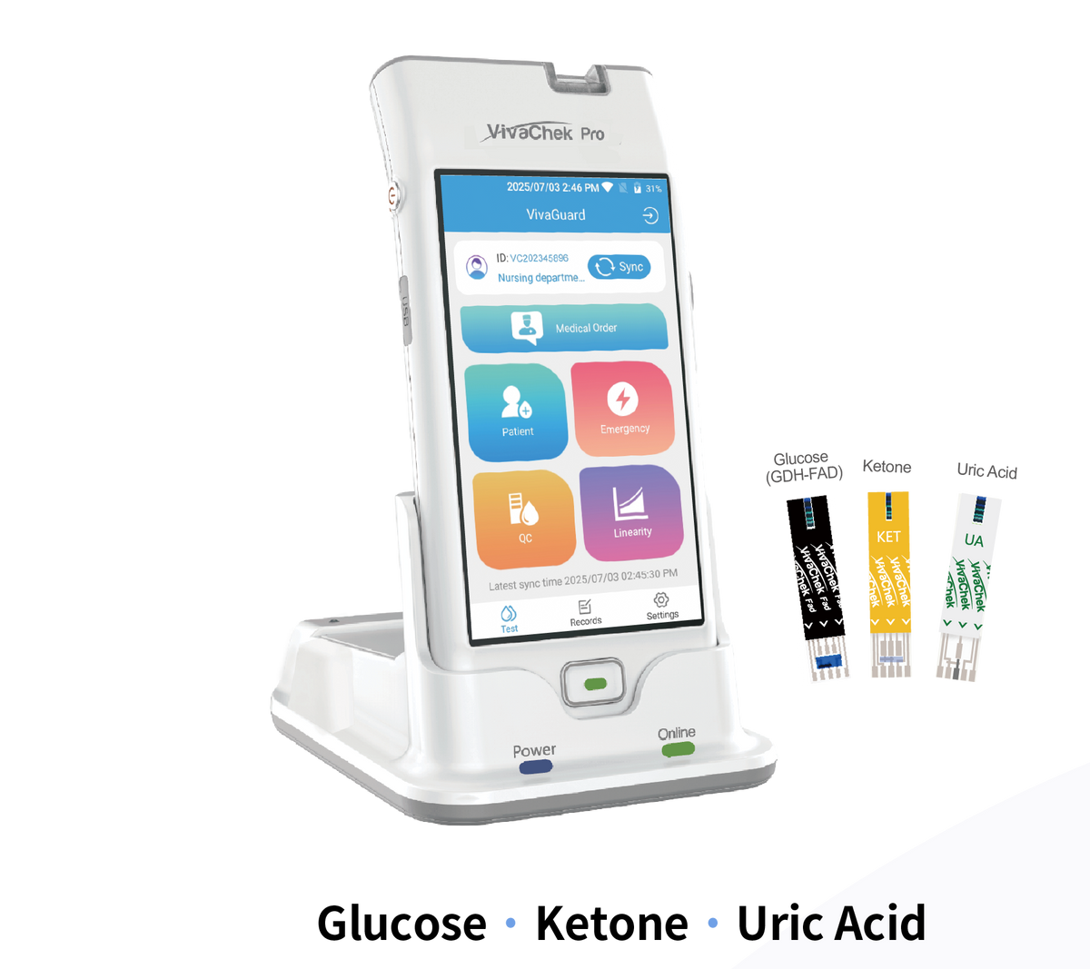 Global Healthcare Medical GHM Pro US multi-function monitoring system - Professional hospital-grade meter for glucose, ketone, and uric acid testing with 4.5-inch color touch screen, infrared barcode scanner, strip ejector, LAN/WiFi/Bluetooth connectivity, 10,000-patient memory, and HIS/LIS/EMR integration for clinical point-of-care testing