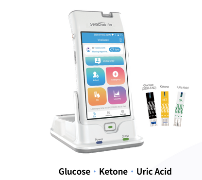 Global Healthcare Medical GHM Pro US multi-function monitoring system - Professional hospital-grade meter for glucose, ketone, and uric acid testing with 4.5-inch color touch screen, infrared barcode scanner, strip ejector, LAN/WiFi/Bluetooth connectivity, 10,000-patient memory, and HIS/LIS/EMR integration for clinical point-of-care testing