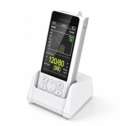 Global Healthcare Medical GHM RNpet100N US veterinary handheld vital sign monitor - multi-parameter handheld veterinary patient monitor with NIBP, SpO2, pulse rate, and temperature for dogs, cats, and large animal monitoring