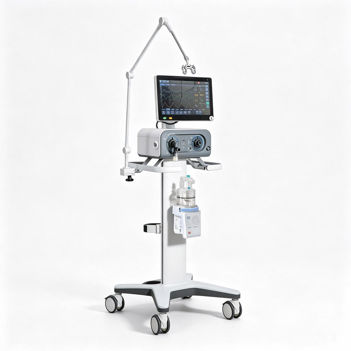 Global Healthcare Medical GHM S1900A US ICU ventilator with 15.6-inch color touchscreen for adult, pediatric, and neonatal respiratory support