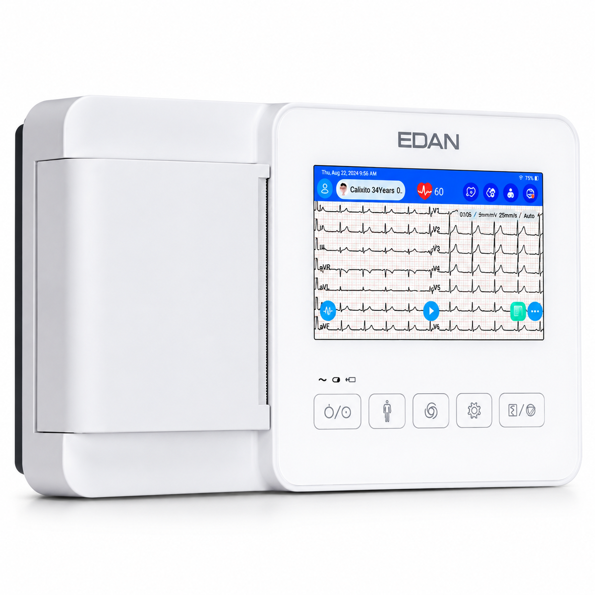 EDAN SE-310 ultra-portable 3-channel electrocardiograph with 5-inch color touchscreen, 12-lead simultaneous acquisition, 24-bit A/D and integrated thermal printer for clinic and mobile ECG