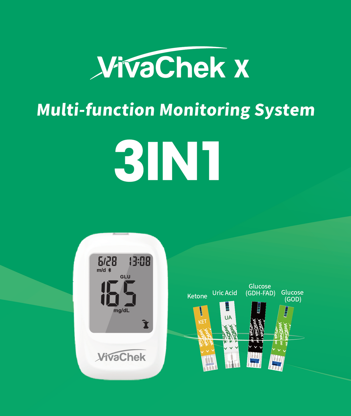 Global Healthcare Medical GHM X US multi-function monitoring system - Three-in-one meter for glucose, ketone, and uric acid testing with optional Bluetooth connectivity, 1,000-result memory, strip ejector, and Guard app compatibility for home health monitoring