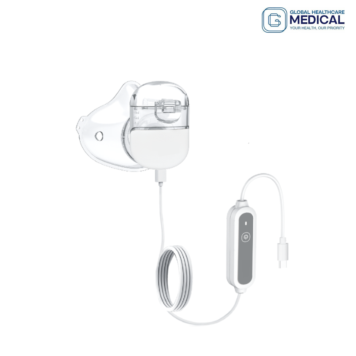 Global Healthcare Medical GHM M12 US mesh nebulizer with vibrating mesh technology, ≤3 μm particle size, ≥0.2 mL/min nebulization rate, ≤50 dB quiet operation, 8 mL medication capacity, and USB power for professional and home use