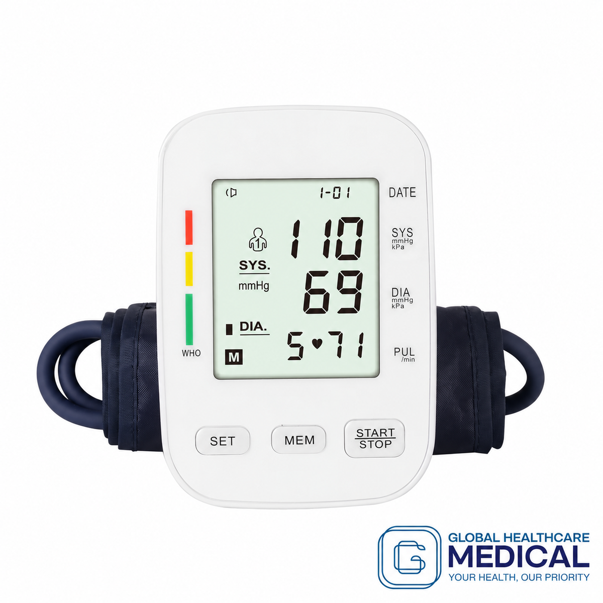 Global Healthcare Medical GHM RAK288 US upper-arm blood pressure monitor front view