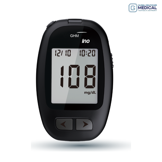 Global Healthcare Medical GHM VGM01 US blood glucose monitoring system - compact automatic blood glucose meter with 5-second test time, 0.5 µL sample, 10-600 mg/dL range, and 900-result memory for home glucose monitoring