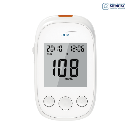 Global Healthcare Medical GHM VGM03 US blood glucose monitoring system - compact automatic blood glucose meter with 5-second test time, 0.8 µL sample, 20-600 mg/dL range, 500-result memory, and rechargeable battery for home glucose monitoring