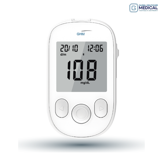 Global Healthcare Medical GHM Neo US blood glucose monitoring system - compact Bluetooth-enabled blood glucose meter with 5-second test time, 0.5 µL sample, 10-600 mg/dL range, 500-result memory, and VivaGuard app connectivity for home glucose monitoring